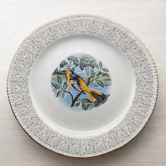 Homer Laughlin Other - Vtg Homer Laughlin Oriole Plate Decorative China Bird Dish Gold Filigree Rim USA